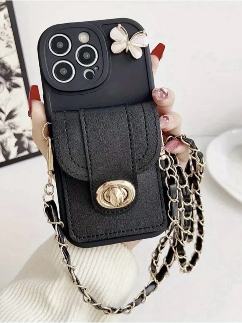 New ~ iPhone 15 Plus Black Crossbody Wallet Phone Case with Gold Chain